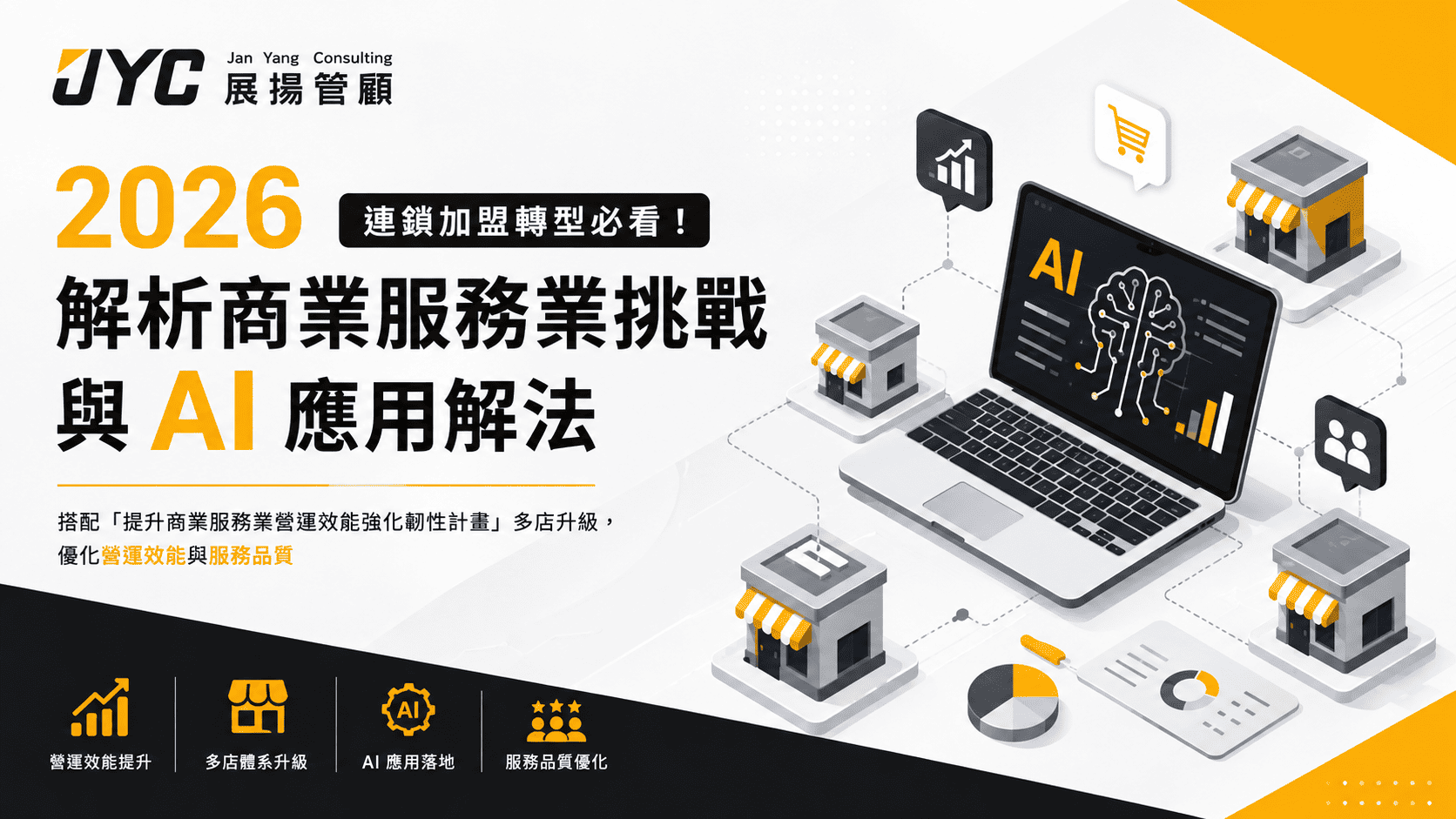 2026 連鎖加盟轉型必看!解析商業服務業挑戰與 AI 應用解法,搭配「提升商業服務業營運效能強化韌性計畫」多店升級,優化營運與服務品質