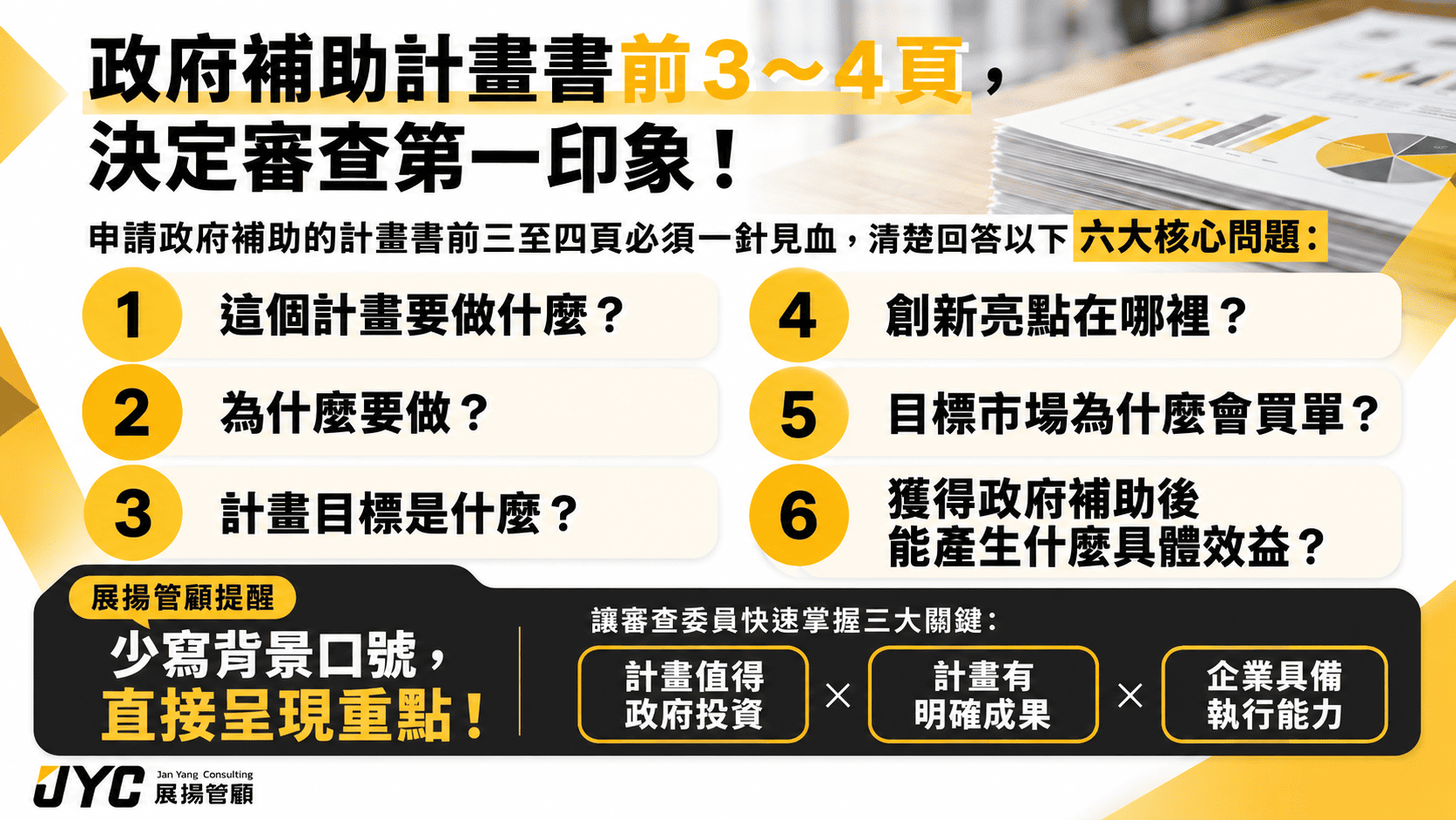 政府補助計畫書開頭前幾頁為什麼是勝負關鍵?應回答哪些核心問題?